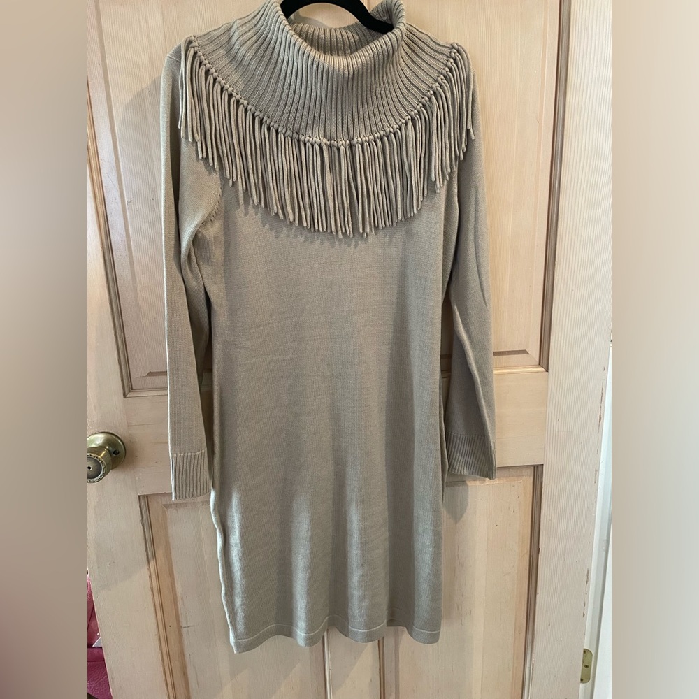 Calvin Klein Beige fringe collar sweater dress new